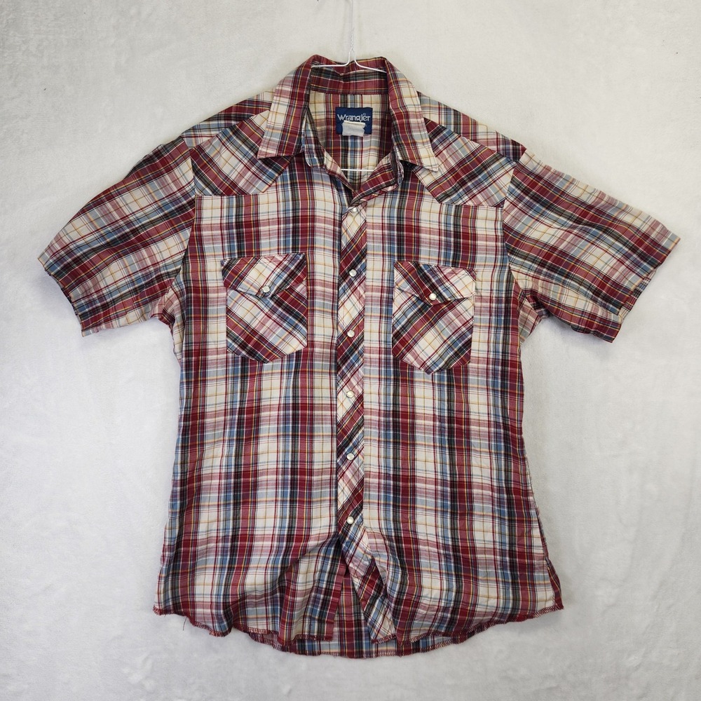 Wrangler Vintage Mens Pearl Snap Western Shirt Plaid Short Sleeve Red Blue Med‎